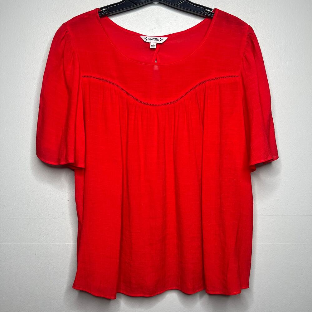 Nanette Lepore Red Peasant Top Eyelet Detail Women's L Flowy Boho Short Sleeve
